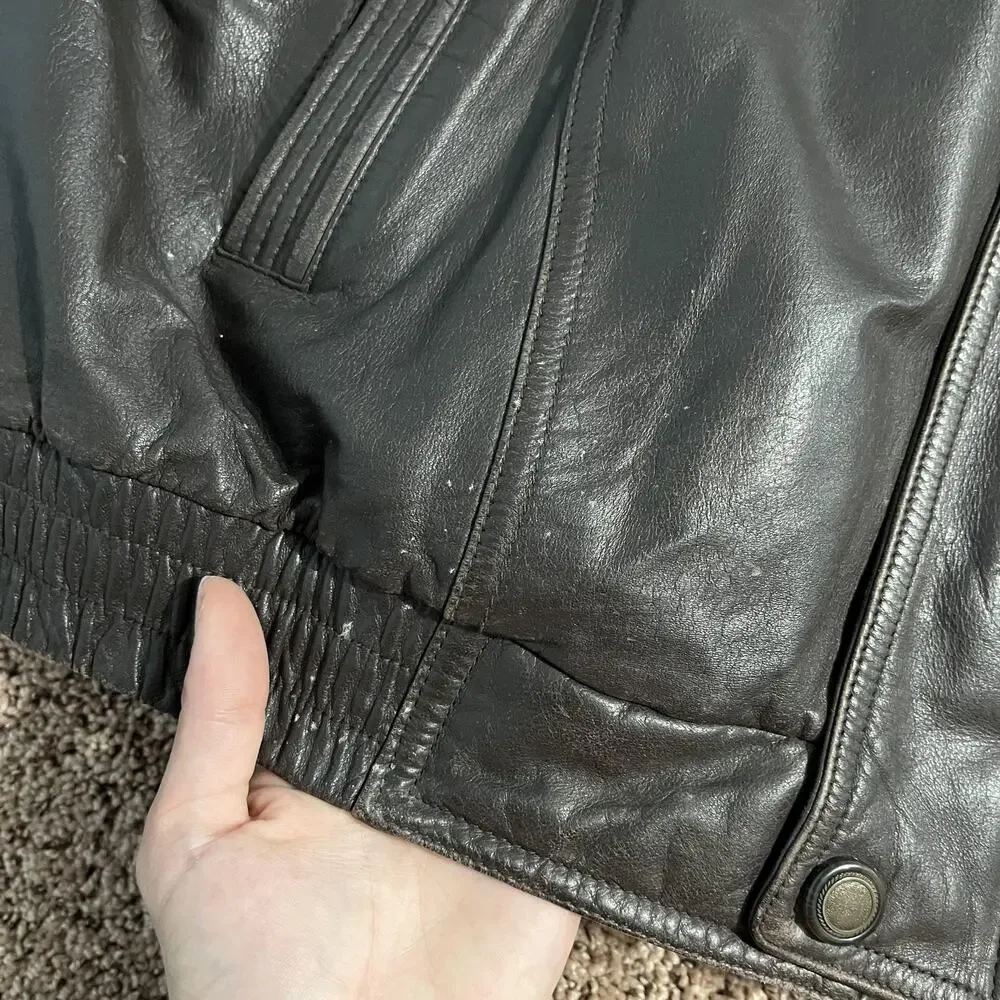 Members Only Jacket Mens‎ XL Brown Leather Bomber Quilted Lined Zip Snap Collar